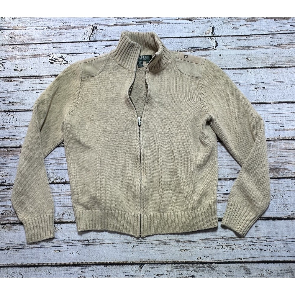 Lauren Ralph Lauren Womens Cardigan Sweater MP Beige Tan Full Zip Shoulder Patch
